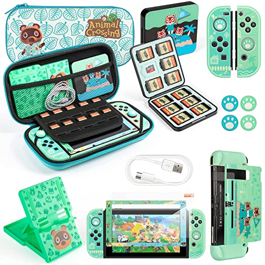 SOMAN Case for Nintendo Switch with Animal Crossing,Switch Accessories Bundle - Carry Case & Protective Case Cover,Screen Protector & Thumb Grips, Game Card Case & PlayStand,Charging Cable