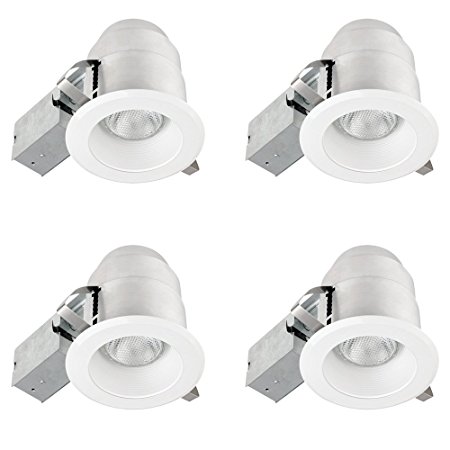 5" Dimmable Downlight IC Rated Ridged Baffle Recessed Lighting Kit, Easy Install Push-N-Click Clips, Contractor's (4-Pack), White Round Trim, Globe Electric 91014