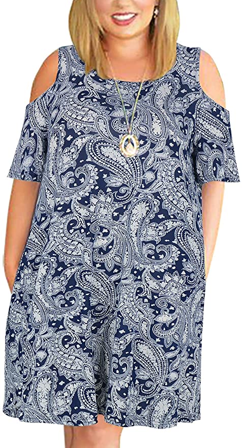 Nemidor Women's Cold Shoulder Plus Size Casual T-Shirt Swing Dress with Pockets