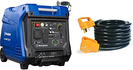 Westinghouse iGen4500 Super Quiet Portable Inverter Generator 3700 Rated & 4500 Peak Watts & Camco (55191) 25' PowerGrip Heavy-Duty Outdoor 30-Amp Extension Cord for RV and Auto