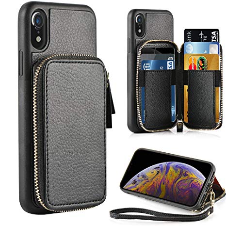iPhone XR Wallet Case, ZVE iPhone XR Case with Credit Card Holder Slot Leather Wallet Shockproof Protective Zipper Pocket Purse Handbag Wrist Strap Case for Apple iPhone XR 6.1" (2018) Black