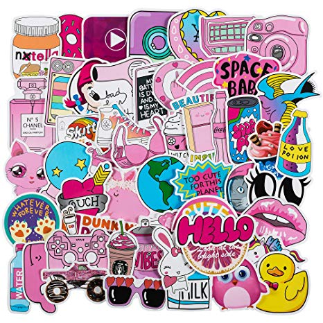 Cute Laptop Stickers for VSCO Girls[50PCS] - Pink Cartoon Sticker for Water Bottle Hydro Flask Macbook iPhone Phone Case iPad Bike Bumper Skateboard Luggage Bomb Waterproof DIY Decoration Gift Sticker