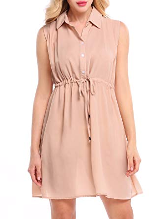 SE MIU Women Sleeveless Casual T Shirt Dress with Drawstring Waist Pocket Dress