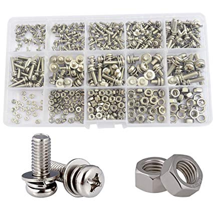 Sems Pan Round Head Screw nut and Washer Metric Phillips 304stainless Steel Combined Cross Machine Screw 400pcs,M2 M2.5 M3 M4 M5 Assortment Kit Set