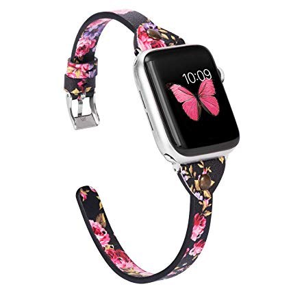 Wearlizer Womens Floral Slim Leather Compatible with Apple Watch Bands 42mm 44mm iWatch Strap Wristbands Leisure Cute Unique Dressy Bracelet (Metal Silver Clasp) Series 4 3 2 1 Edition Sports