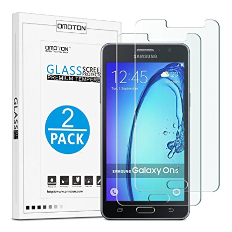 Samsung Galaxy On5 (2015 Version) Screen Protector [2-Pack], OMOTON Tempered Glass Screen Protector for Samsung Galaxy On5 with [9H Hardness] [Crystal Clear] [Scratch Resist] [Bubble Free Install]