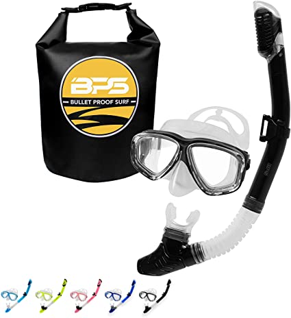 BPS 'Ultra Comfort' Dive Mask and Dry Top Snorkel - Dive Mask with Wide View Tempered Lens - Snorkel with Purge Valve to Release Water and Silicon Mouth Piece - for Men, Women, Teenagers - Choose Bag
