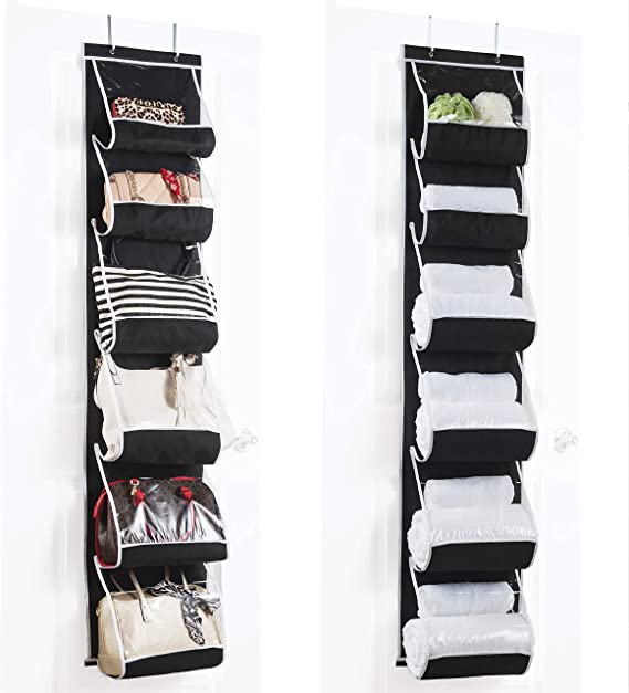 Over The Door Purse Organizer & Storage (2Pack) Handbag Organizer with 6 Easy Access Deep Pockets - Durable Metal Hooks, Handbag Organizer with Clear Pockets -Ideal for Scarf, Umbrella/Accessories Etc