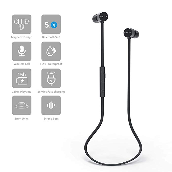 Bluetooth Headphones, Maxcio Wireless Earbuds Magnetic Bluetooth 5.0 Earphones with Microphone IPX4 Waterproof 15Hrs Playtime Wireless Lightweight in-Ear Headphones HD Stereo Headphone for Running