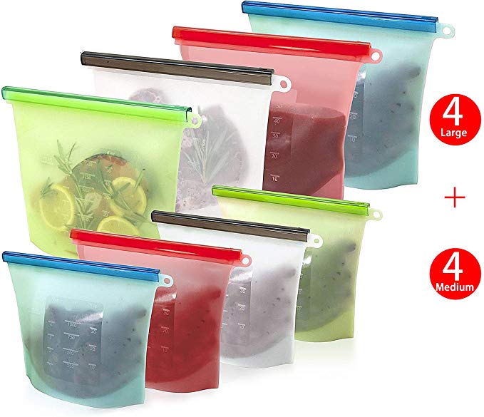 elabo 8 Pack Reusable Silicone Food Storage Bags (4 Medium and 4 Large) | Airtight Seal, Leakproof, Dishwasher Safe, BPA Free | for Sandwich,Sous Vide,Snack,Meal Prep, Lunch, Fruit