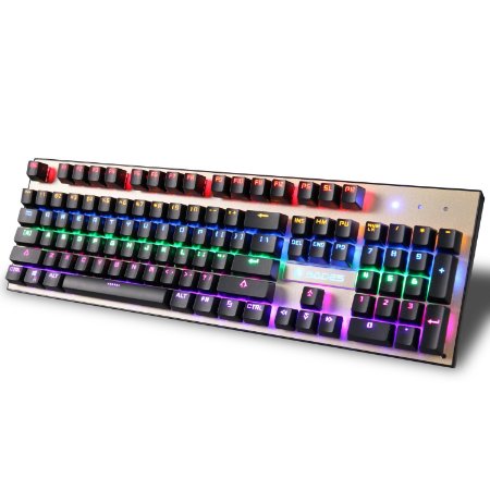 SADES K10S Latest New Version Mechanical Gaming Keyboard 104 Keys RGB Backlit Mechanical Wire Gaming Keyboard Colorful LED 7 Switchable Backlight Colors,19 Non-conflict Keys, Metal Material (Black)