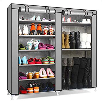 Halffle 9 Lattices Dual Shoe Rack, Dustproof Cover Combination Style Shoe Cabinet, Non-Woven Shoe Organizer, 6 Tiers 27 Pairs Space Saving Shoe Tower [US Stock] (Grey)