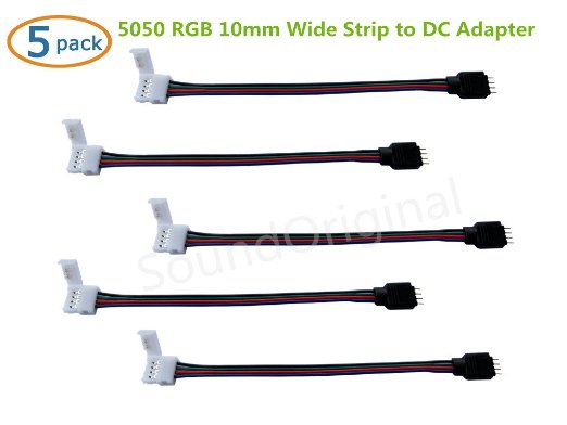 SoundOriginal LED 5050 RGB Strip Light Connector - Strip to Power Adaptor - 5050 to Transformer DC Jack - 4 Conductor 10mm Wide 5050 RGB Multicolor Free Welding Connector Cable 6inch (5pcs/pack)