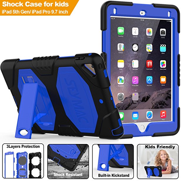 New iPad 9.7 inch (5th Generation) 2017 Case, SEYMAC Three Layer Heavy Duty Soft Silicone Hard Bumper Case Built-in-stand Drop proof Scratch Resistant Case for New iPad 2017 9.7 inch (Black/Blue)