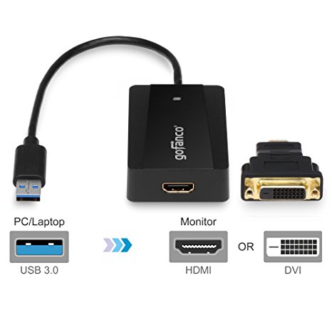 gofanco USB 3.0 to HDMI / DVI Video Graphics Adapter (Black) with external graphics chipset and a HDMI-to-DVI converter - up to 2560x1440 resolution for Windows and Mac systems