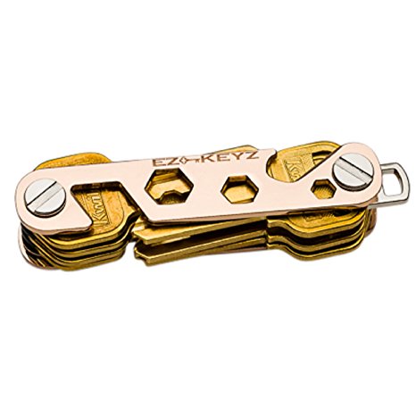 Compact Key Organizer with Anti-Loosening Washers By EZ-KEYZ (Gold) - No More Jingling Keychains, Up to 16 Keys. Premium Smart Key Holder. Built In Tools-Phone Stand, Bottle Opener, S-Clip Included