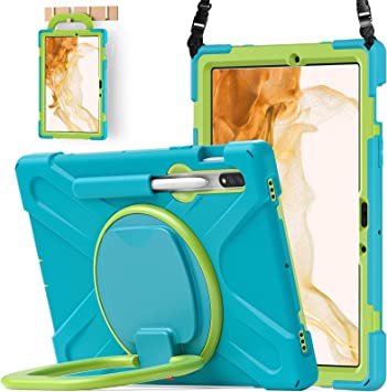 BATYUE Samsung Galaxy Tab S7 (2020)/ S8 (2022) Case 11 inch,Cover for SM-T870 T875 X700 X706, Shockproof Protective Rugged Case with Pencil Holder/ Rotating Bracket/ Shoulder Strap - LightBlue&Lime