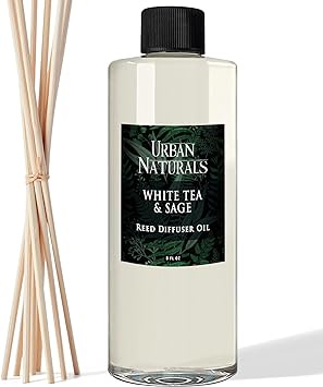 Urban Naturals White Tea & Sage Essential Oil Reed Diffuser Refill | Large 8 Ounce Size | Includes a Free Set of Reed Sticks! Made in The USA | Sparkling Bergamot, White Tea & Fresh Sage