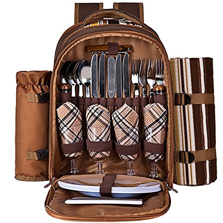 Ferlin Picnic Backpack for 4 With Cooler Compartment, Detachable Bottle/Wine Holder, Fleece Blanket, Plates and Cutlery Set (Coffee)