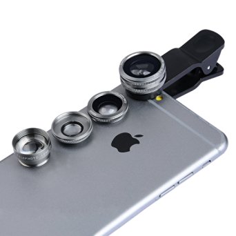 Apexel Lens Kit (4 in 1) - 180 Degree Fish Eye Lens   Wide Angle   Macro   2X Telescope Lens Kit with Universal Clip for iPhone 6S/6 6S/6 Plus 5 5C 4S iPad Samsung Galaxy Note 5 4 3 S6 S5 S4 Sony HTC Google Grey