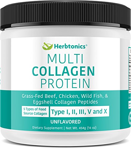 Herbtonics® Multi Collagen (Multicollagen) Protein Powder l Type I, II, III, V and X (1,2,3,5 And 10) l High Quality blend of Grass-Fed Chicken, Wild Fish, Egg Hydrolyzed Collagen Peptides Bovine