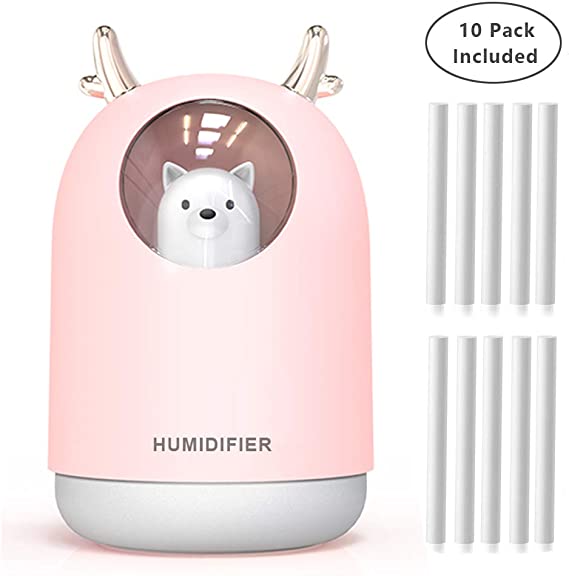 UODBUYO Portable Cool Mist Humidifier - 300ml USB Mini Air Humidifier with 10 Pcs Humidifier Sticks, 7 Color Night Light Room Humidifier for Bedroom Office Desk,Car,Travel (Pink)