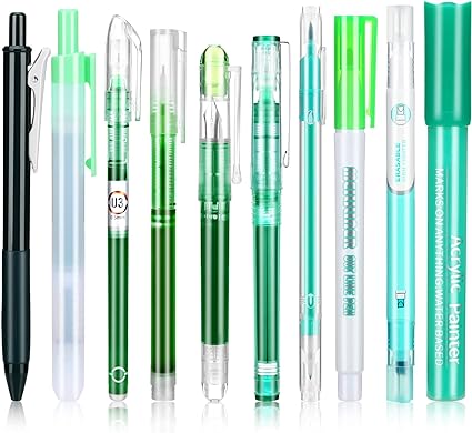 10 Pieces Ink Pen Set Retractable Metallic Refill Marker Pens Quick Drying Gel Ink Pens for Offices Schools Stationery Supplies Children Students (Green Ink, Simple Style)