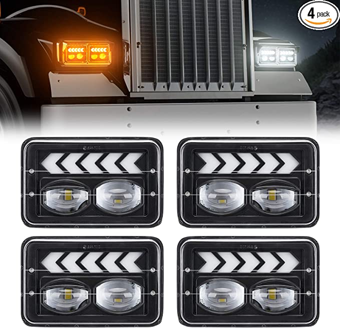 SUPAREE 4pcs 4x6 inch LED Headlights Hi/Lo Beam Halo DRL Turn Singal Rectangular Replacement H4651 H4652 H4656 H4666 H6545 for Feightliner Peterbil Kenworth Ford Probe Chevy Oldsmobile Cutlass