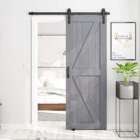 SMARTSTANDARD 30in x 84in Sliding Barn Door with 5ft Barn Door Hardware Kit & Handle, Pre-Drilled Need to Assemble, DIY Unfinished Solid Spruce Wood Panelled Slab, K-Frame, Grey