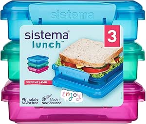 Boîtes à sandwiches Sistema - 450 ml - Boîtes à repas pour l’école hermétiques - Sans BPA - Couleurs assorties - 3 unités