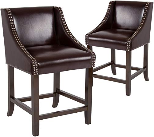 Flash Furniture 2 Pk. Carmel Series 24" High Transitional Walnut Counter Height Stool with Accent Nail Trim in Brown Leather