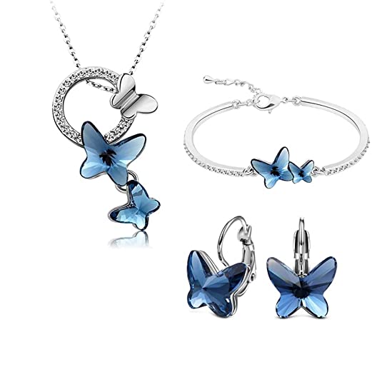Valentine Gift By Shining Diva Italian Designer Platinum Plated Crystal Butterfly Earrings Chain Pendant Necklace Combo Jewellery Set for Women and Girls (Blue) (14603s)