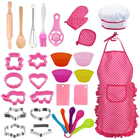 Kids Cooking and Baking Set, 30Pcs Toddler Dress Up Chef Role Play Toys for 2-8 Year Old Girls, Ideal Christmas Birthday Gifts for Girls Age 2-8 Chef Set Cooking Toys