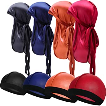 8 Pieces Silky Durag Caps Elastic Wave Cap Long Tail Headwraps Wide Straps Waves