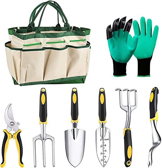 Ledeak Garden Tools Set, 8 Pieces Durable Gardening Hand Tool Kit, Aluminum Alloy Hand Gardening Tools Set with Garden Kits Gloves and Storage Bag Ideal Gardening Gifts for Men and Women