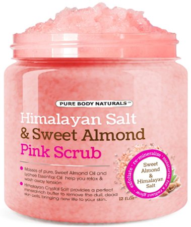 Body Scrub with Himalayan Salt - Deep Cleansing Exfoliator With Sweet Almond & Lychee Oil, Moisturizes, Nourishes Soothes & Promotes Glowing, Radiant Skin & Body Wash - 12 fl.oz. by Pure Body Naturals