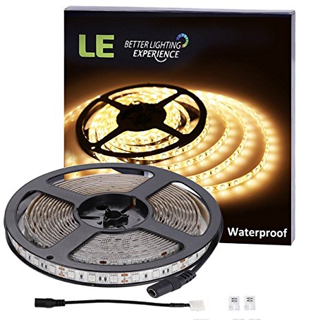 LE 16.4ft 300 Units SMD 5050 LEDs Flexible Strip Lights, 3000K Warm White, 12V, Waterproof, Outdoor Indoor Home Garden Kitchen Bar Party Christmas Holiday Festival Celebration Decoration