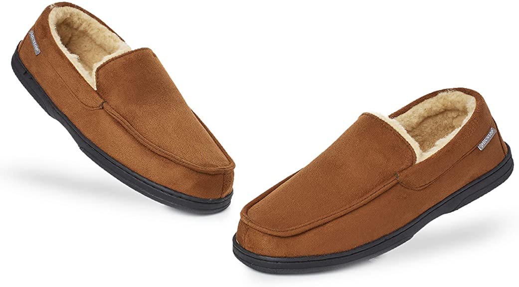 Dunlop Moccasins Slippers Men | Moccasin Loafers Faux Sheepskin Slippers with Rubber Sole - Memory Foam Plush House Slippers - Breathable Indoor Outdoor Shoes - Gifts for Men