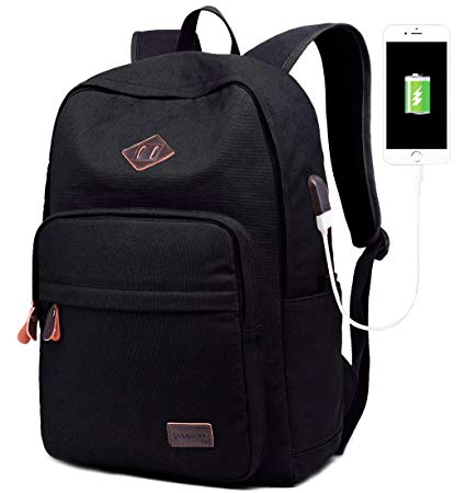 School College Backpack Bookbag Laptop Rucksack Travel Bag Casual Daypack with USB Charging Port Fits 15 inch Laptop (Canvas Black)