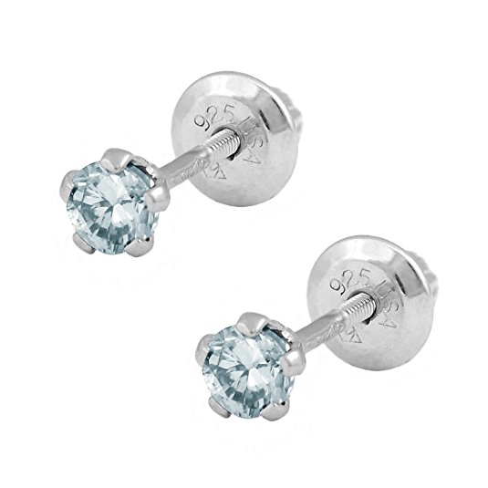 Girls Jewelry - Sterling Silver 5-Prong Simulated Birthstone Screw Back Stud Earrings