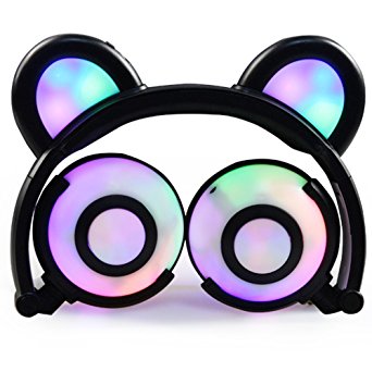 Bear Ear Headphones,SNOW WI Flashing Glowing Cosplay Fancy Cat Headphones Foldable Over-Ear Gaming Headsets Earphone with LED Flash light for iPhone 7/6S/iPad,Android Mobile Phone,Macbook (00Black)