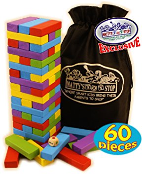 "Matty's Mix-Up" 60pc Large Colorful Wooden Tumbling Tower Deluxe Stacking Game with Storage Bag