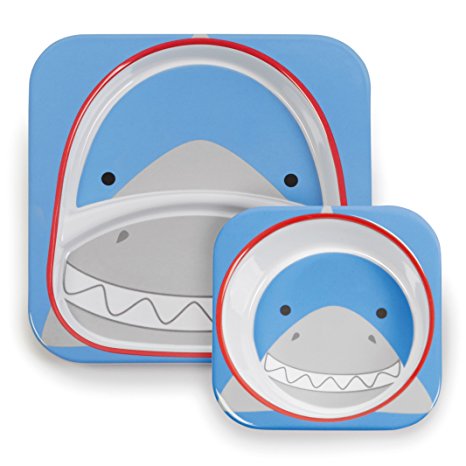 Skip Hop Baby Zoo Little Kid and Toddler Feeding Melamine Divided Plate and Bowl Mealtime Set, Multi Snazzy Shark