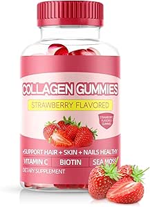 Collagen Gummies Hair Skin and Nails Gummies, Strawberry Flavored with Biotin, Keratin and Sea Moss | Supports Skin, Hair Growth, Nails & Joint Health | for Women, Men and Adults | 60 Gummies