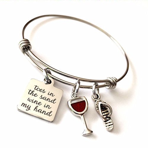Toes in the Sand Wine in My Hand, Wine Lovers Beach Bangle Bracelet