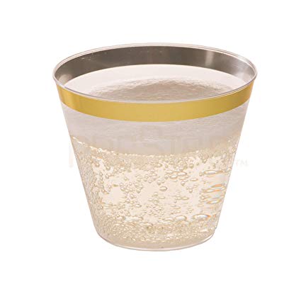 Gold Plastic Cups | 5 oz. 100 Pack | Hard Clear Plastic Cups | Disposable Party Cups | Fancy Wedding Tumblers | Nice Gold Rim Plastic Cups | Elegant Decoration Cups | Plastic Tumblers Bulk