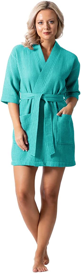 Turkish Linen Lightweight Waffle Knit Bath, Spa & Bridesmaids Kimono Short Robes for Women - Quick Dry & Soft