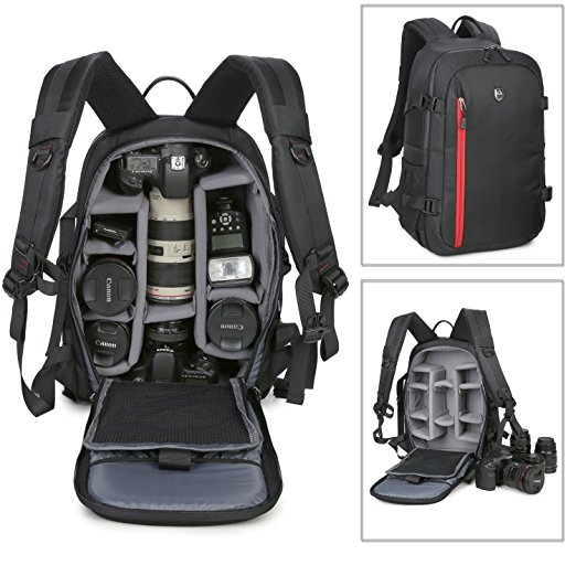 Abonnyc Large DSLR Camera Backpack Bag Case / Oxford Hiking Bag Laptop Travel Backpack Gadget Bag w/ Rain Cover , Black