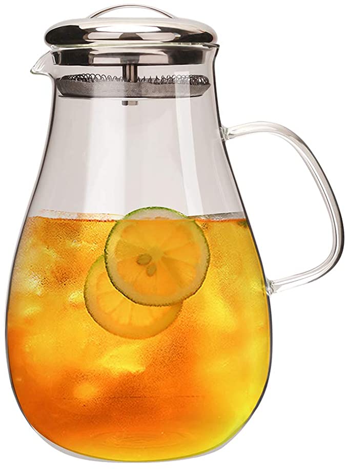 IDEALUX 60 Ounces Glass Pitcher with Stainless Steel Lid, Heat Resistant Borosilicate Water Carafe Glass Pitcher for Hot/Cold Water, Ice Tea and Juice Beverage Jug