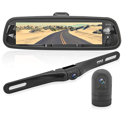 Dash Cam Rearview Mirror Monitor - Dual Front Rear Slim Bar w/Backup Camera 7.4” LCD Display Screen Waterproof IP-69 DVR Video Recording w/Night Vision Illumination - Pyle PLCMDVR77